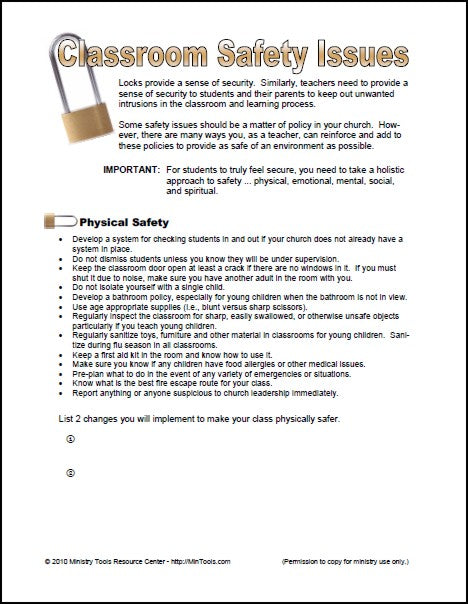 Classroom Safety Issues Worksheet