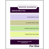 A book cover for the Ministry Handbook: Spiritual Gifts in Use with colored horizontal bands and the text stating it is for one
