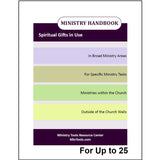 A book cover for the Ministry Handbook: Spiritual Gifts in Use with colored horizontal bands and the text stating it is for 25