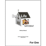 A booklet cover titled 'Body Life' with a small illustrated church building and people inside, with small text "It's about people, not places or programs'.