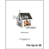 A booklet cover titled 'Body Life' with a small illustrated church building and people inside, with small text "It's about people, not places or programs'.