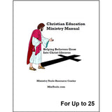 A book cover titled 'Christian Education Ministry Manual' with a simple illustration of Jesus pointing toward a cross, plus the subtitle 'Helping Believers Grow Into Christ-likeness' and publisher text 'Ministry Tools Resource Center' and 'MinTools.com'.