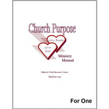 A book cover titled 'Church Purpose Ministry Manual' with two red outlined hearts and the words "Love People" and "Love God" by Ministry Tools Resource Center.