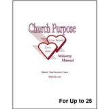 A book cover titled 'Church Purpose Ministry Manual' with two red outlined hearts and the words "Love People" and "Love God" by Ministry Tools Resource Center.