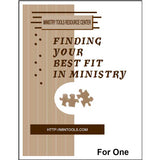 A book cover design with the title Finding Your Best Fit in Ministry by Ministry Tools Resource Center, featuring brown text and puzzle-piece graphics on a white and tan striped background.