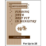 A book cover design with the title Finding Your Best Fit in Ministry by Ministry Tools Resource Center, featuring brown text and puzzle-piece graphics on a white and tan striped background.