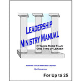 A book cover titled 'Leadership Ministry Manual' featuring three gray columns and sub-text of 'It Takes More Than One Type of Leader'.