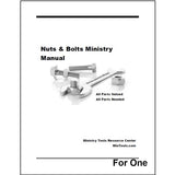 A cover titled 'Nuts & Bolts Ministry Manual' with an illustration of a wrench, nut, and bolts, plus the text 'All Parts Valued, All Parts Needed' by Ministry Tools Resource Center at MinTools.com.