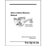 A cover titled 'Nuts & Bolts Ministry Manual' with an illustration of a wrench, nut, and bolts, plus the text 'All Parts Valued, All Parts Needed' by Ministry Tools Resource Center at MinTools.com.